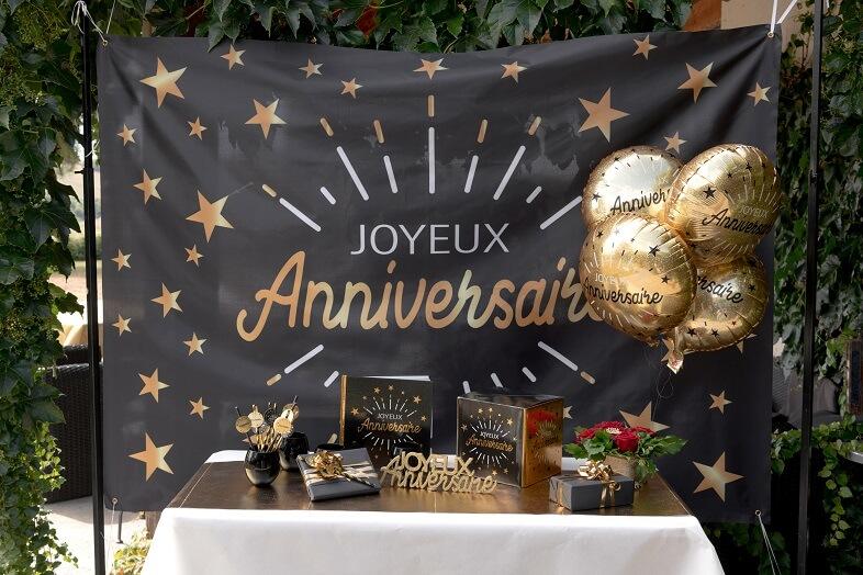 6650 ballon aluminium joyeux anniversaire dore or metallise et noir