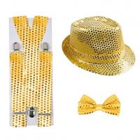 66679 set deguisement disco dore or noeud papillon chapeau borsalino sequins bretelle