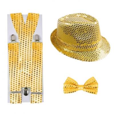 66679 set disco dore or noeud papillon chapeau borsalino sequins bretelle