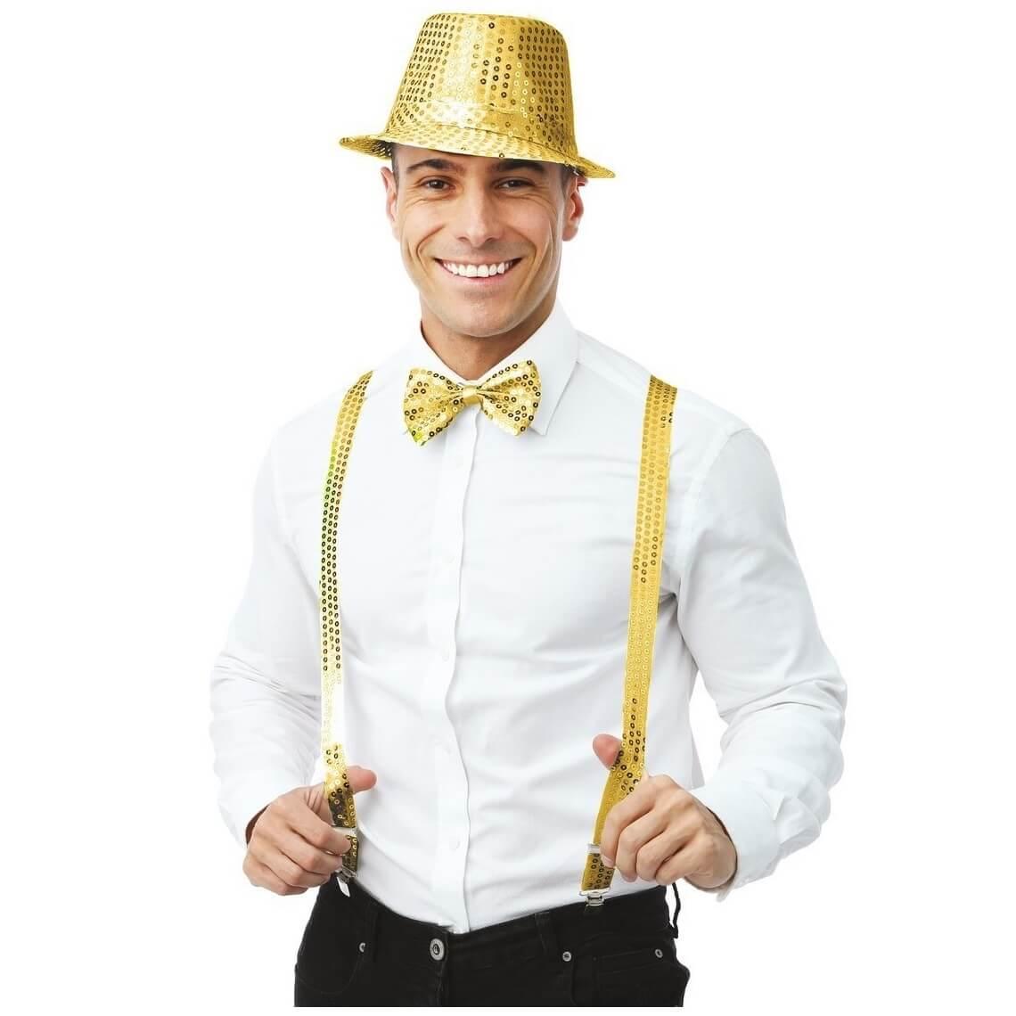 66679 set disco dore or noeud papillon chapeau borsalino sequins bretelle