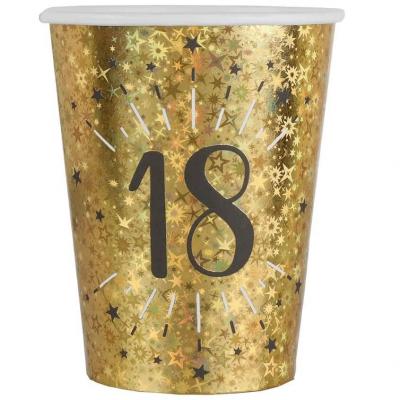 10 Gobelets en carton anniversaire 18 ans noir et doré or 27cl REF/6788