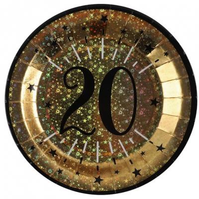 6789 20ans assiette carton anniversaire noir dore or metal