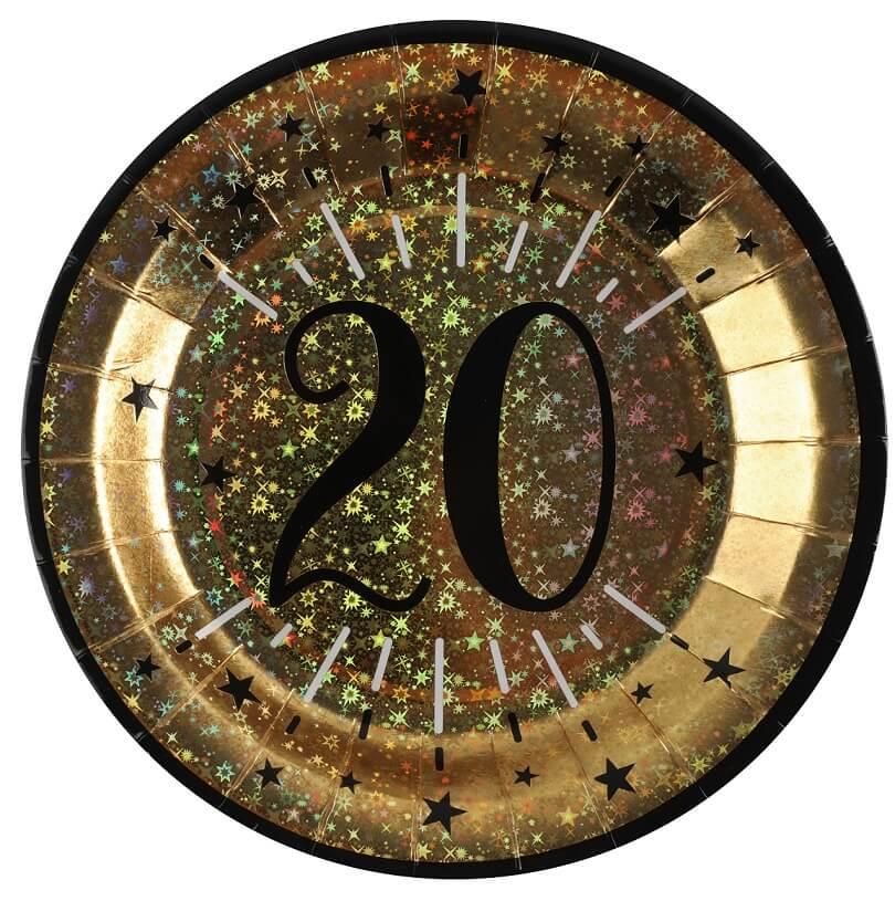 6789 20ans assiette carton anniversaire noir dore or metal