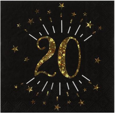 10 Serviettes de table en papier anniversaire 20 ans noir et doré or REF/6790 (16.5 x 16.5cm)