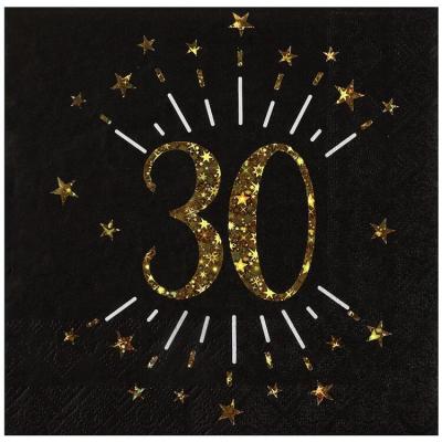 10 Serviettes de table en papier anniversaire 30 ans noir et doré or REF/6790 (16.5 x 16.5cm)