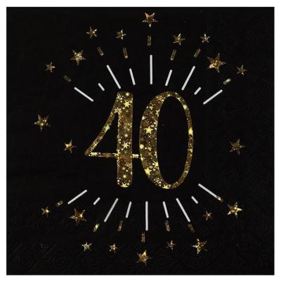 10 Serviettes de table en papier anniversaire 40 ans noir et doré or REF/6790 (16.5 x 16.5cm)