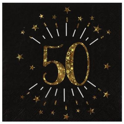 10 Serviettes de table en papier anniversaire 50 ans noir et doré or REF/6790 (16.5cm)