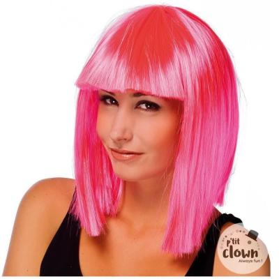 1 Perruque adulte mi-longue raide rose fluo et franges REF/68087 (Accessoire de déguisement)