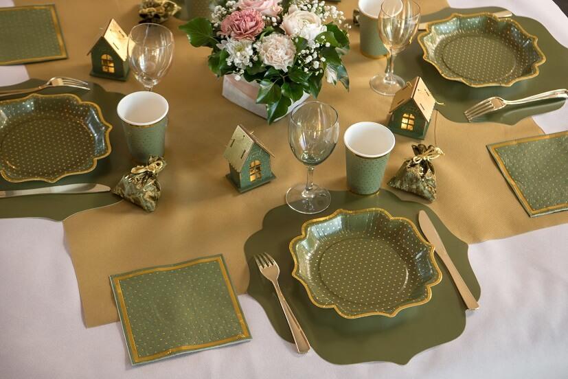 7094 decoration de table assiette carton vert olive sauge et dore or
