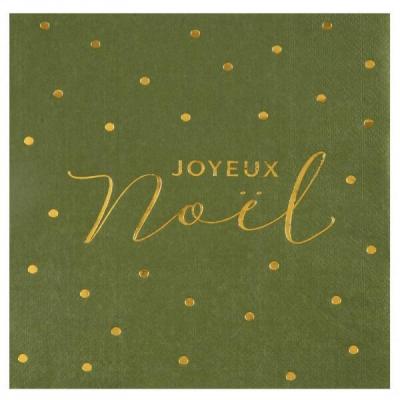 Serviette de table vert olive/sauge et doré or métallique Joyeux Noël (x20) REF/7130