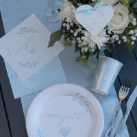 7621 decoration de table gobelet carton blanche et bleu ciel bapteme baby shower naissance