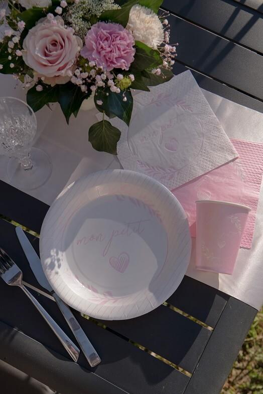 7621 decoration de table gobelet carton blanche et rose bapteme baby shower naissance