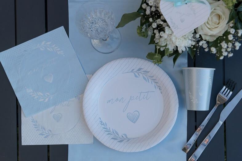 7621 decoration gobelet carton blanche et bleu ciel bapteme baby shower naissance