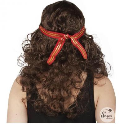 76740 perruque adulte femme cheveux frises brune avec bandeau hippie