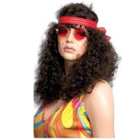 76740 perruque adulte femme cheveux frisees brune bandeau hippie