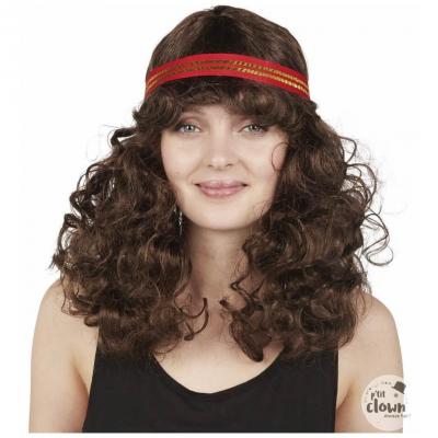 1 Perruque adulte brune femme avec cheveux frisées et bandeau Hippie REF/76740 Accessoire de déguisement