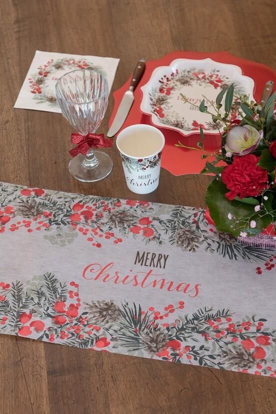 7682 decoration noel chemin de table merry christmas champetre nature rouge