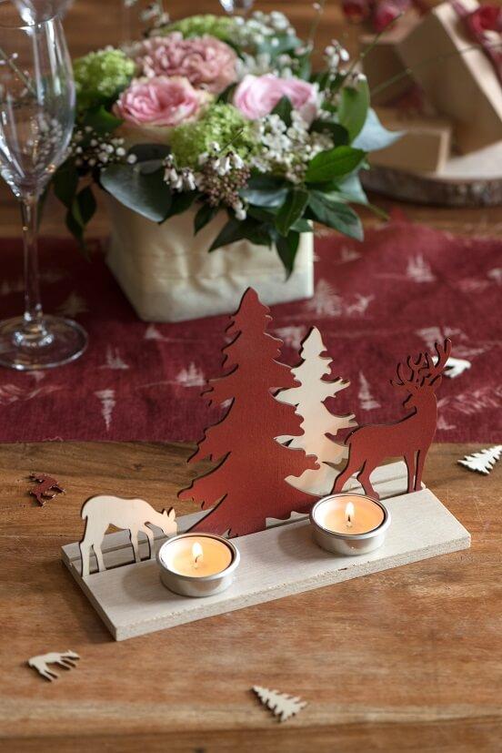 7708 decoration de table avec porte bougie cerf et sapin de noel