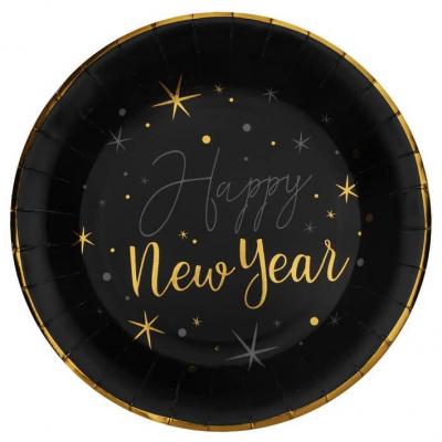 Assiette carton Happy New Year noire et dorée or métal 22.5cm (x10) REF/7711 Fête Bonne année