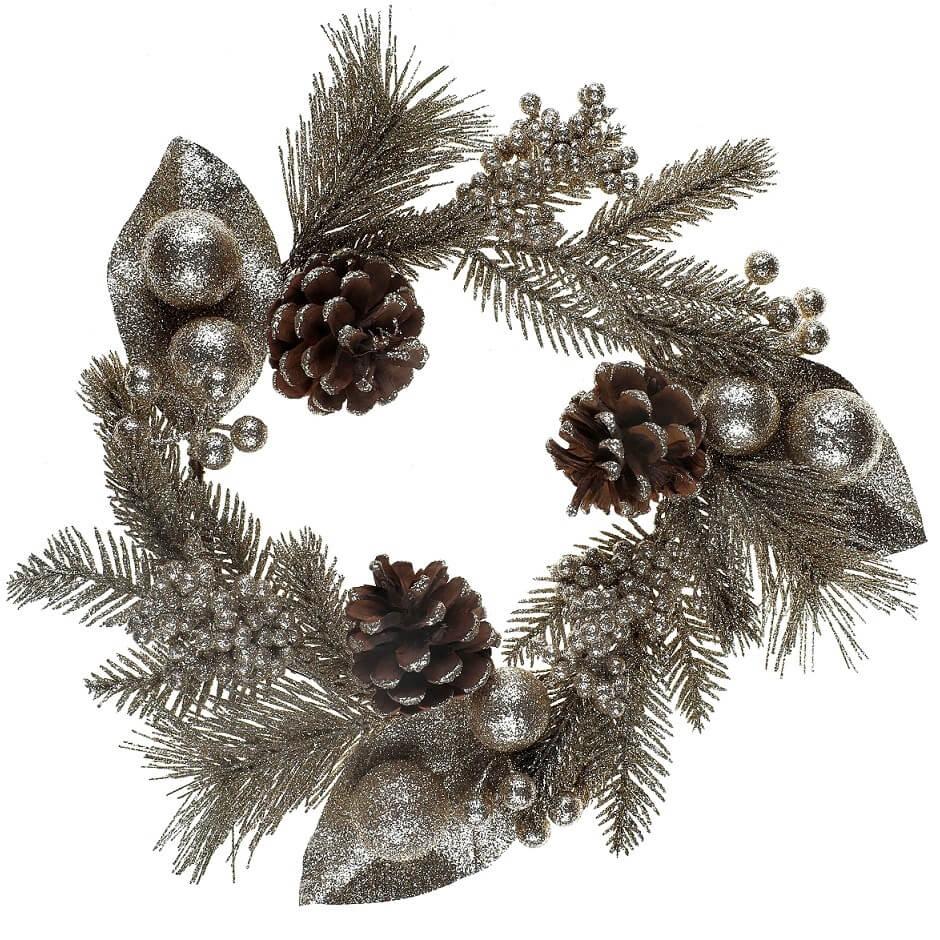 7757 couronne de noel paillete dore or avec aspect naturel