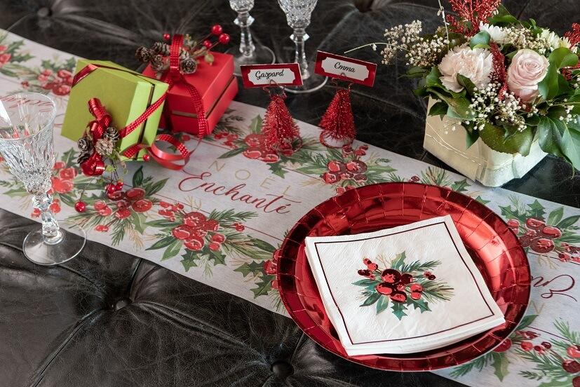 7798 decoration chemin de table noel enchante nature champetre rouge