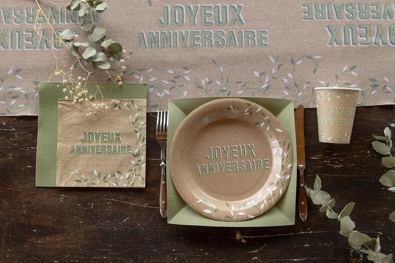 7861 assiette ronde en carton joyeux anniversaire nature champetre