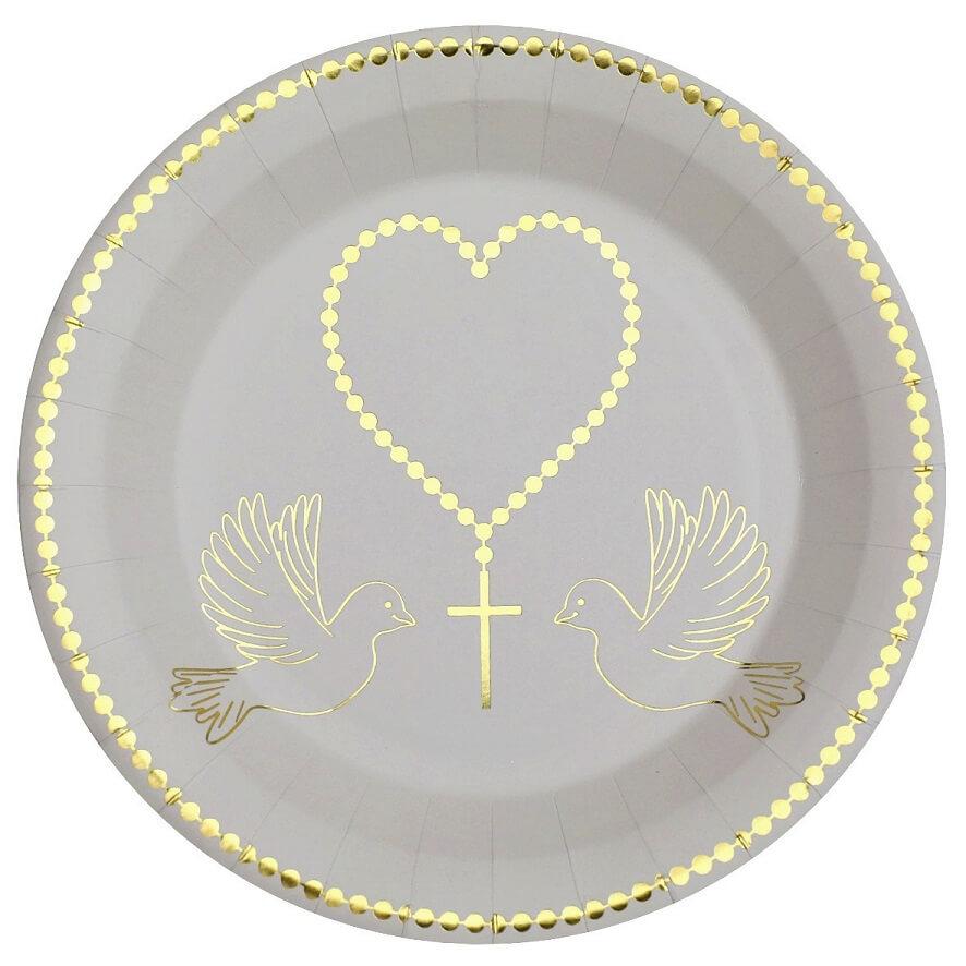 7964 assiette carton communion blanc et dore or metallique coeur croix colombes