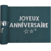 1 Chemin de table Joyeux Anniversaire Bleu Canard et Argent en coton 28cm x 3m REF/7975