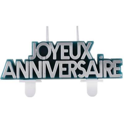 1 Bougie Joyeux Anniversaire Bleu Canard et Argent pour décoration gâteau REF/7979