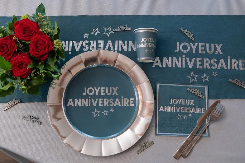 7983 assiette joyeux anniversaire carton bleu canard et argent