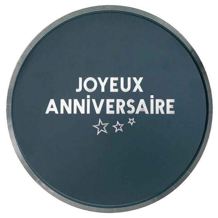 7983 assiette joyeux anniversaire en carton bleu canard et argent