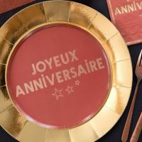 7983 assiette ronde carton joyeux anniversaire terracotta dore or metallise