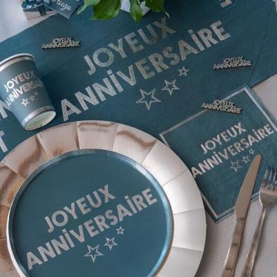 7984 decoration gobelet carton joyeux anniversaire bleu canard et argent