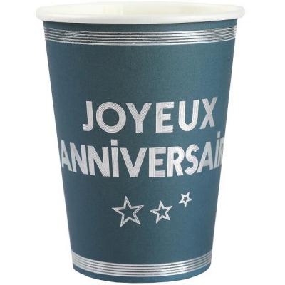 10 Gobelets Joyeux Anniversaire en Bleu Canard et Argent 27cl REF/7984