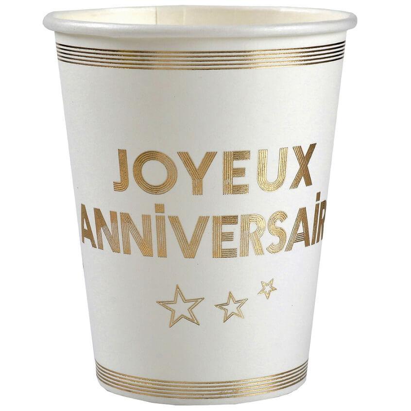7984 gobelet carton joyeux anniversaire elegant blanc et dore or metal