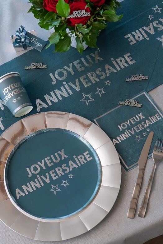 7985 serviette de table fete anniversaire bleu canard et argent