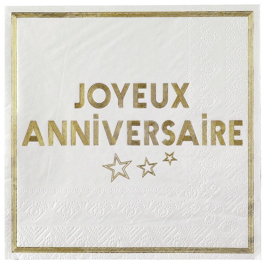 7985 serviette de table papier joyeux anniversaire blanc dore or metal