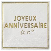 7985 serviette de table papier joyeux anniversaire blanc dore or metal