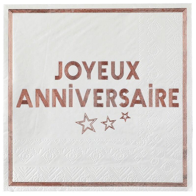 7985 serviette de table papier joyeux anniversaire blanche et rose gold metal