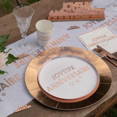 7985 serviette de table en papier joyeux anniversaire blanche et rose gold metal