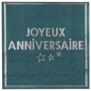 10 Serviettes de table Joyeux Anniversaire en Bleu Canard et Argent 16.5 cm REF/7985