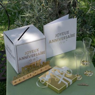 7987 tirelire urne joyeux anniversaire blanche dore or metallique