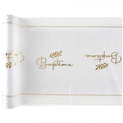 1 Chemin de table élégant Baptême blanc et doré or métallisé 29cm x 3m REF/8008