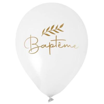 6 Ballons en latex Baptême de 30cm REF/8009 Blanc et doré or.