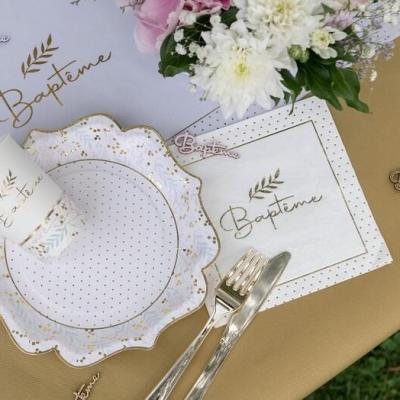8015 decoration serviette de table bapteme blanc et dore or metallise