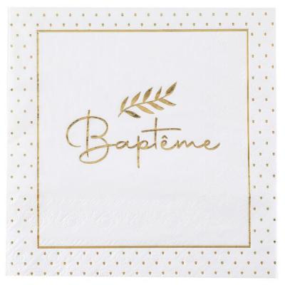 20 Serviettes de table Baptême en papier 16.5cm REF/8015 Blanc et doré or métallique