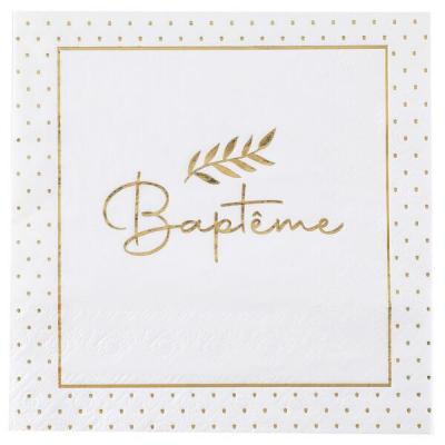 20 Serviettes de table Baptême en papier 16.5cm REF/8015 Blanc et doré or métallique