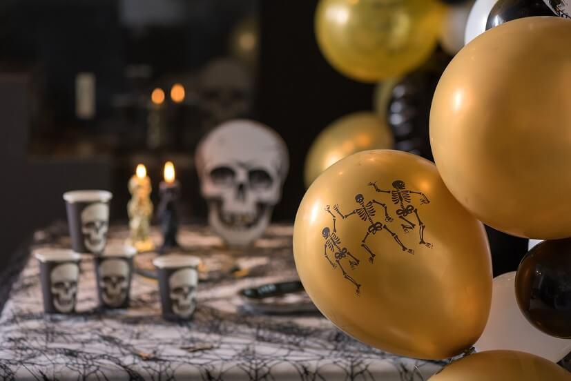 8073 decoration halloween squelette ballon dore or metallique latex 30cm