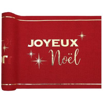 1 Chemin de table élégant coton Joyeux Noël rouge et doré or métal 28cm x 3m REF/8096