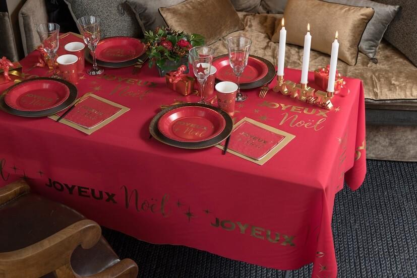 8097 nappe de table joyeux noel rouge dore or metallique